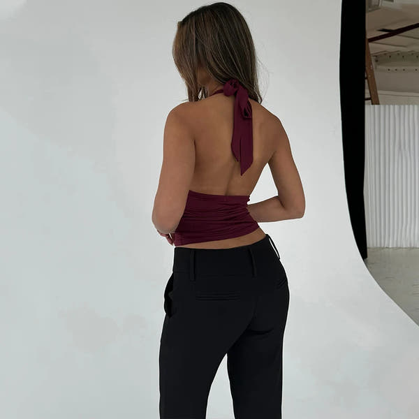 Candyhot V-Neck Sexy Lace Edge Halter Slim Backless Casual Solid Crop Tops Y2K Summer Fashion Streetwear Daily Sweet Cute Vest